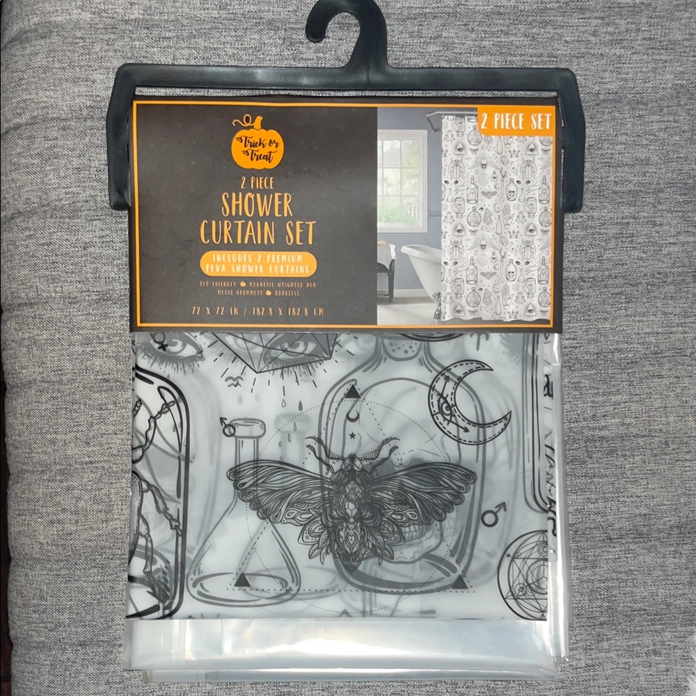 Trick or Treat Black and White Sheet Halloween Shower Curtain Set